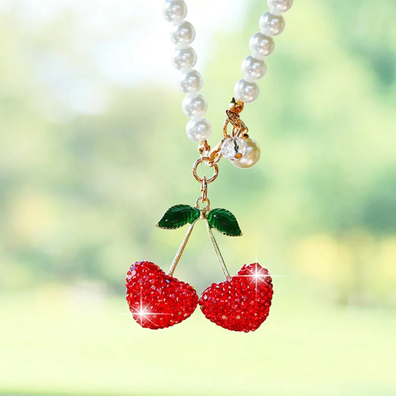 Fashion Diamond Heart-Shaped Cherry Car Pendant Luxury Diamond Pearl Chain Rear-View Mirror Decoration For Ladies
