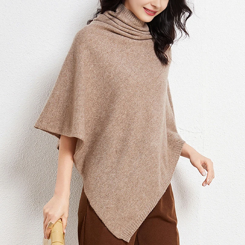 100%Wool Turtleneck Pullover Cloak For Women Spring Soft Warm Knitted Bat Sleeve Irregular Poncho Lady Korea Fashion Pashmina