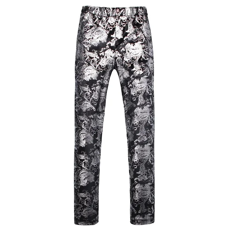 

Mens Luxury Gold Stamping Floral Pants Casual Flat Front Expandable Waist Trousers Men Party Wedding Prom