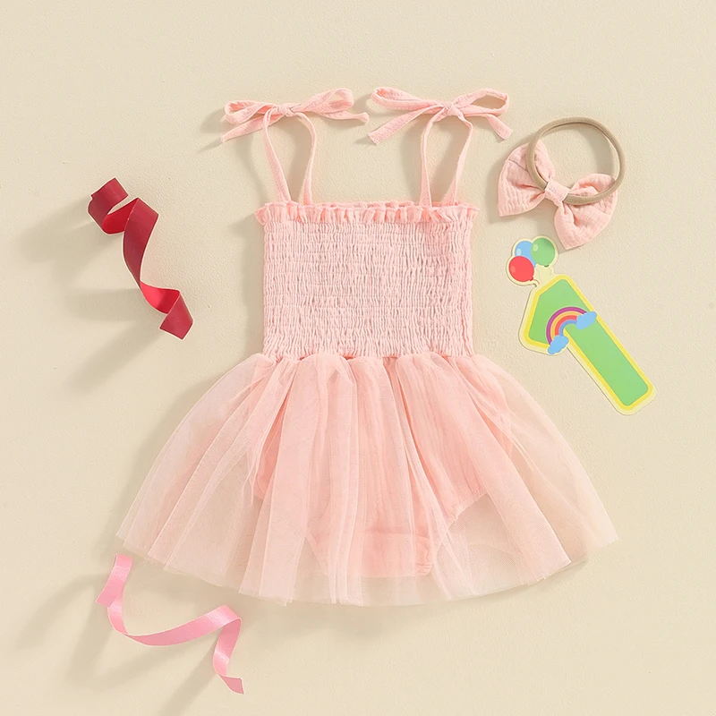 Infant Baby Girls Romper Dress Letter Embroidery Tulle Tie Spaghetti Strap Jumpsuit with Bow Headband 1st Birthday Set