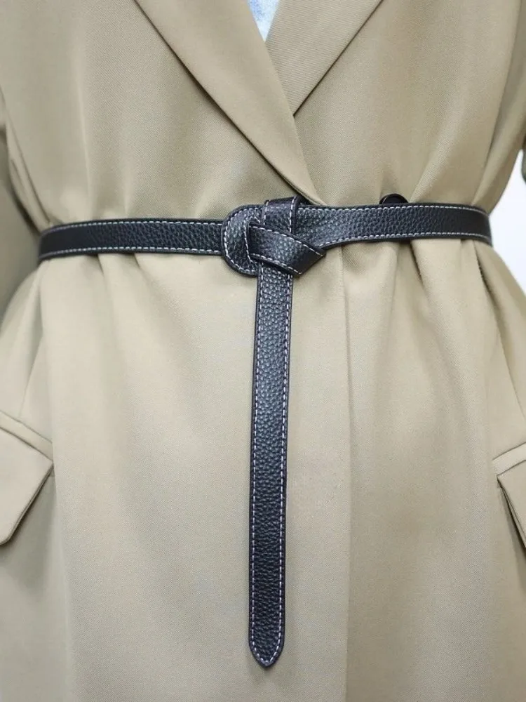 Office Ladies Elegant Genuine Leather Knot Waistband For Jacket Solid Color Versatile Accessories Women Soft Cowhide Belt New