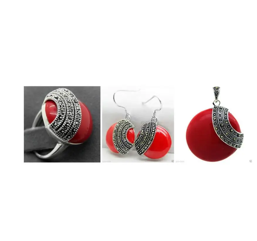 

Fashion designed Red Carved Lacquer Marcasite 925 Sterling Silver Ring(#7-10) Earrings & Pandent jewelry sets