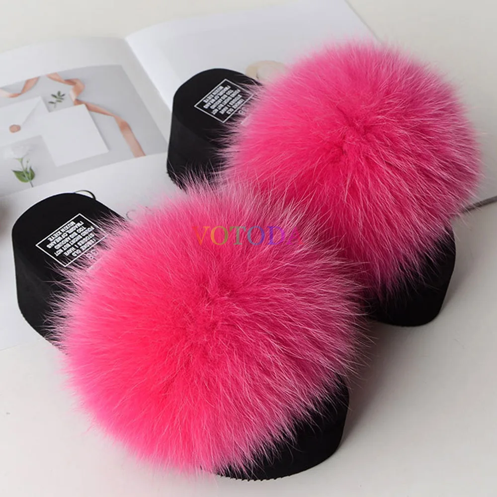 Summer Wedge Slippers Women Flip Flops Furry Real Fox Fur Slides Platform Shoes Female Home Slippers Fashion Casual Ladies Shoes