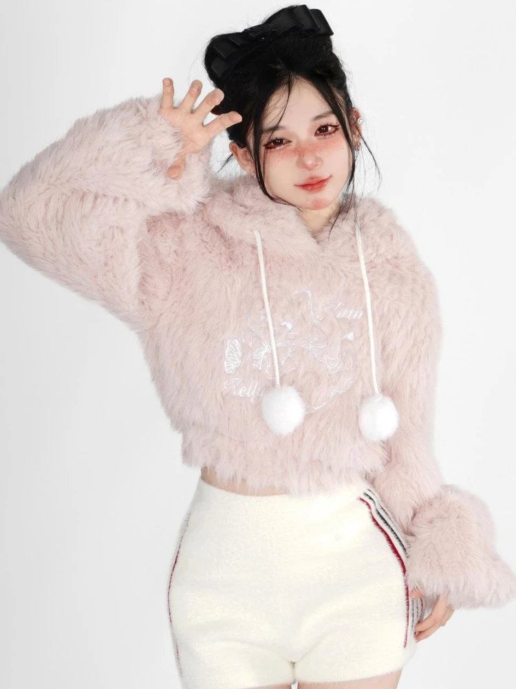 Suéter Kawaii Lolita Rosa cálido para mujer, Tops con capucha de hada dulce japonesa, jerséis coreanos de manga larga para mujer, Invierno 2023
