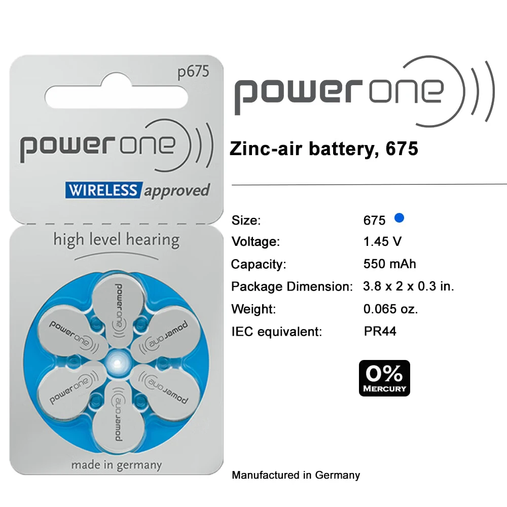 60 PCS Powerone Zinc Air Baterias para aparelhos auditivos 675 P675 A675 para aparelhos auditivos BTE atacado transporte da gota