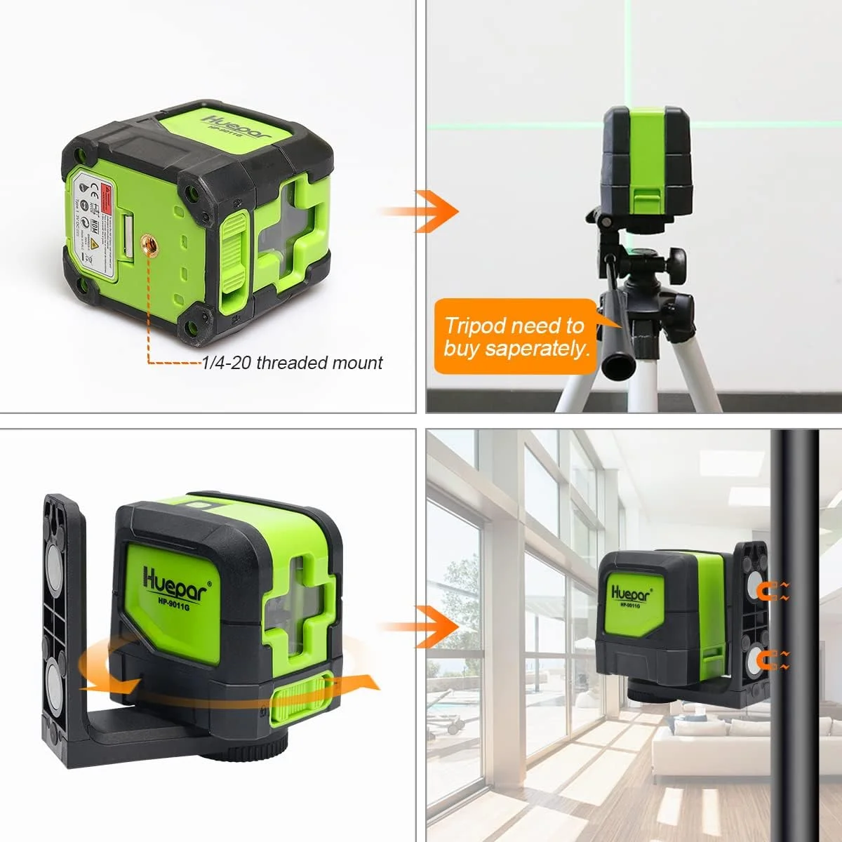 Huepar 2 Lines Green Beam Laser Level 9011G with 65cm Tripod Self-Leveling Horizontal & Vertical Cross Line Laser for Home DIY