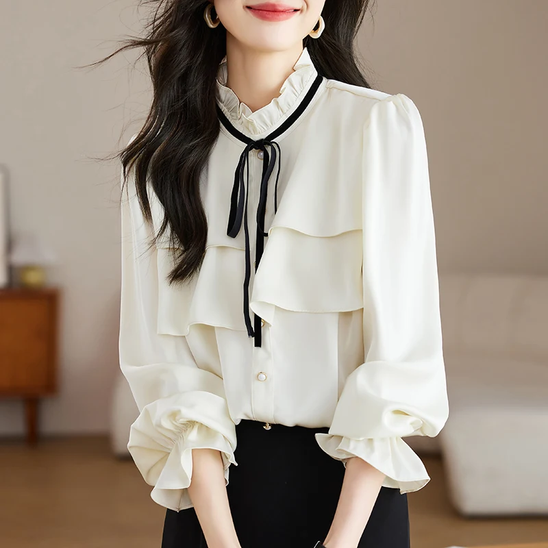 QOERLIN Chic Ruffles Stand Collar Flare Sleeve Single-Breasted Tops Chiffon Shirts Women Elegant Casual Korean Fashion Blouse