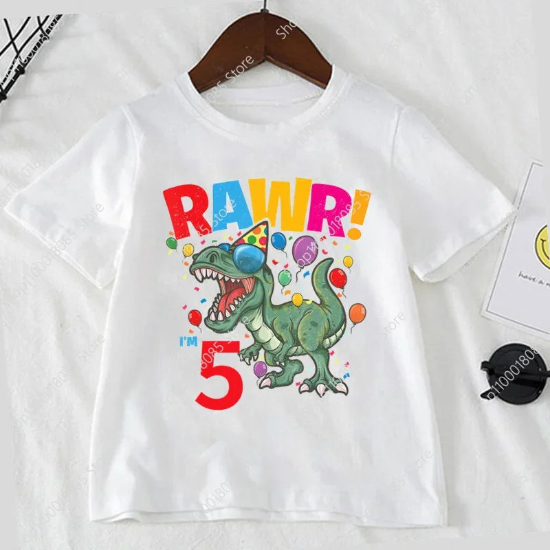 T-shirt ulang tahun 1-9 anak-anak motif liar dinosaurus lucu T-shirt pesta anak laki-laki dan perempuan T-shirt atasan pakaian tema dinosaurus