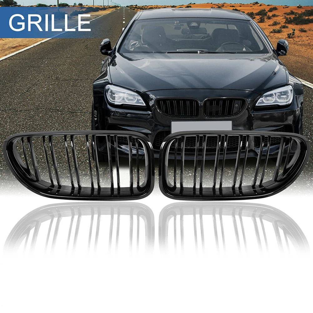 2pcs Car Hood Kidney Grill Double Line Front Bumper Grille Cover Compatible For 6 Series F06 F12 F13 12-16 Years