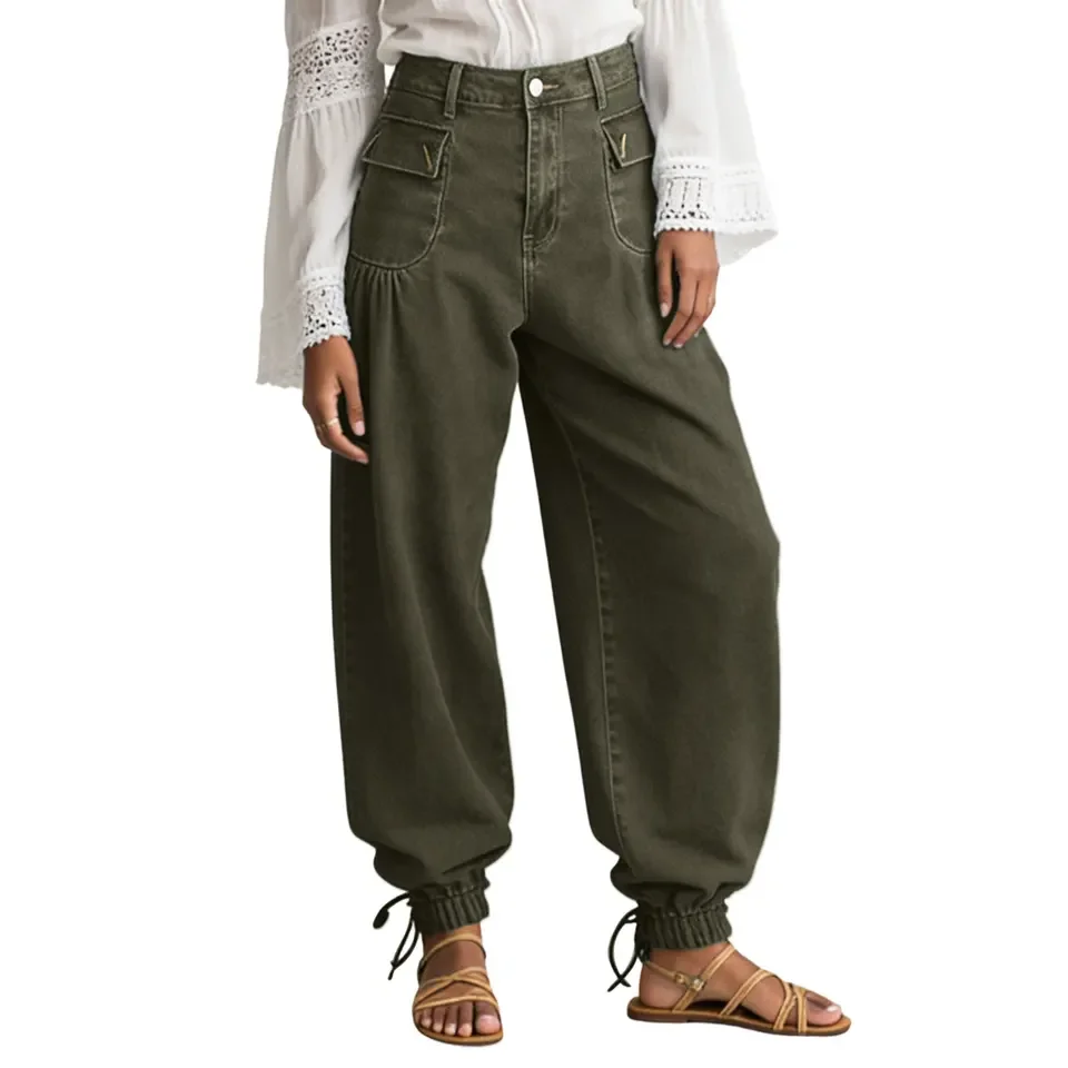 Women Harem Denim Pants Causal High Waist Wide Leg Baggy Jeans Streetwear Boyfriend Solid Color Loose Trousers With Pockets