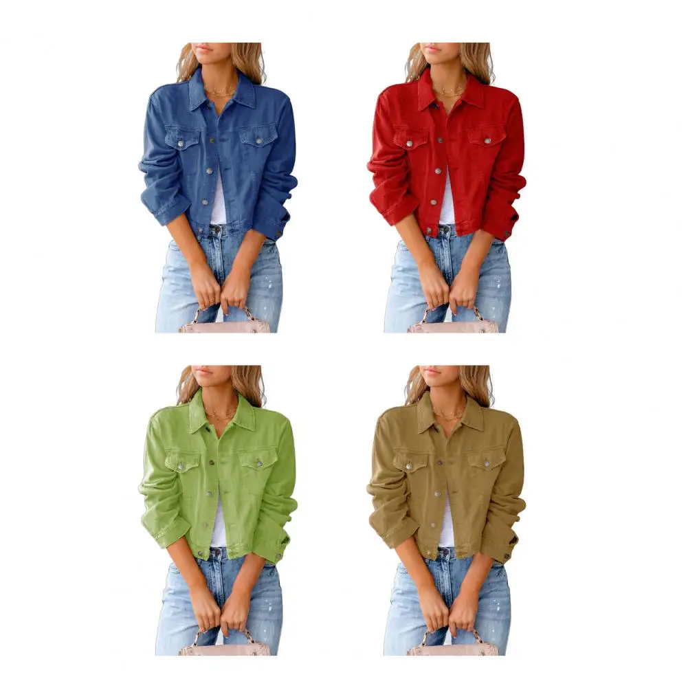 

Women's Cropped Denim Jackets Vintage Retro Green Lapel Button Down Jackets With Pockets Slim Fit Autumn Casual Coats