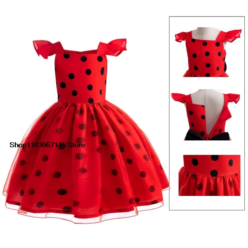 Christmas Child Bug Costume for Girls-Red Dress Halloween Mask Bag Easter Marinette Cosplay Costumes Party Little Beetle Suits