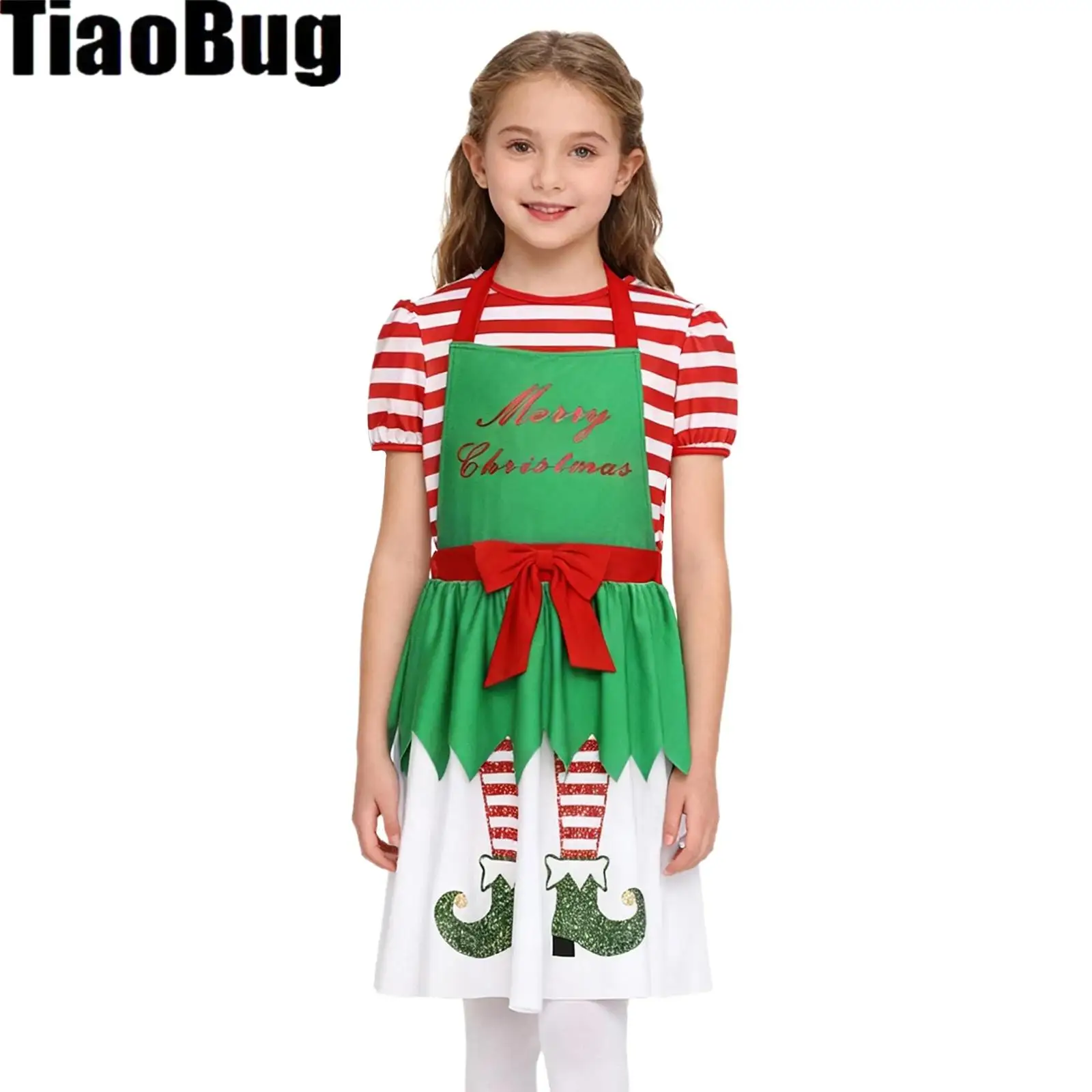 

Kids Girls Christmas Dress Fake 2-Pieces Design Stripe Short Sleeve Waist Bowknot Cartoon Xmas Elf Print Dress