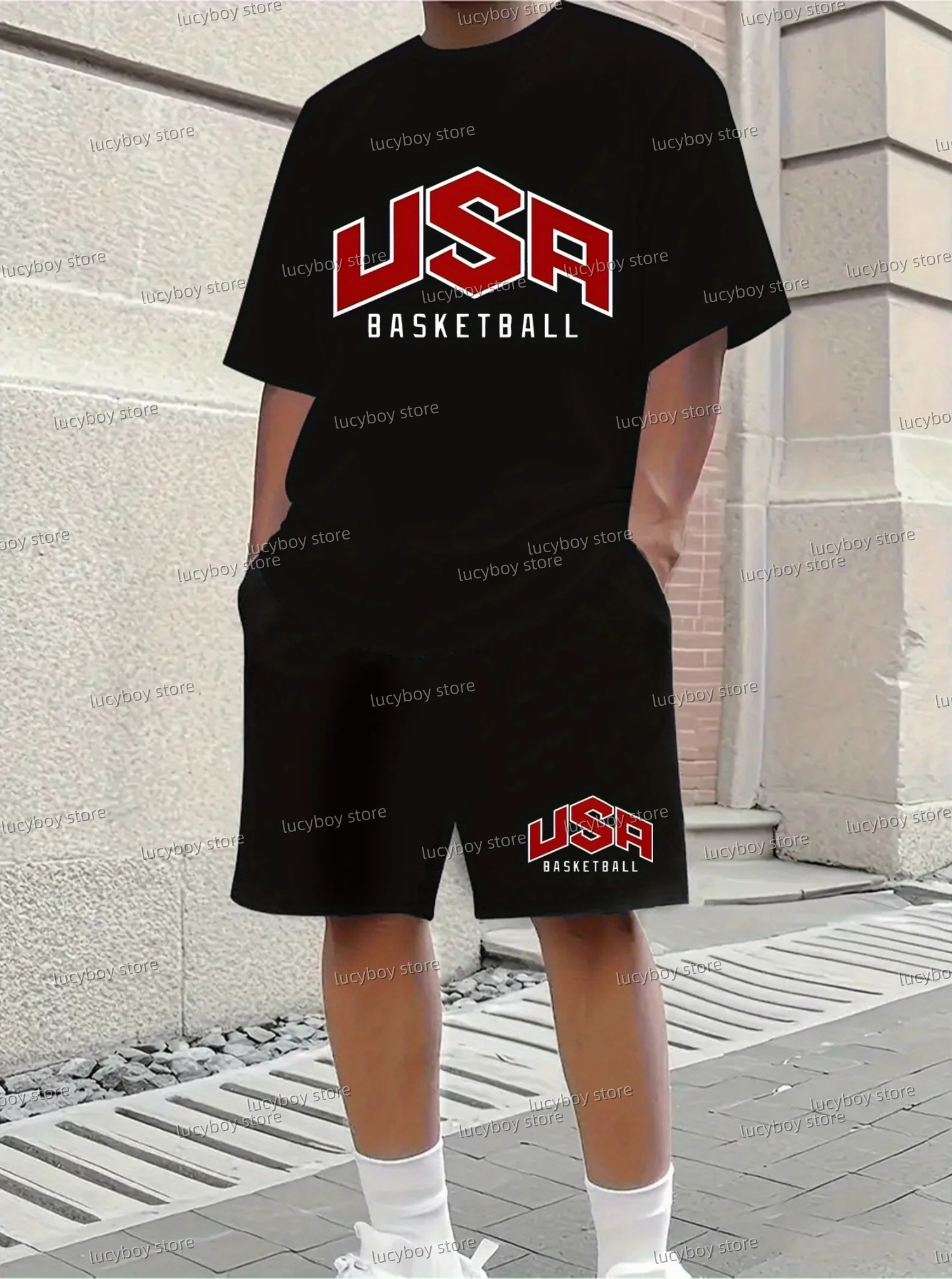 Summer Polyester USA Basketball Print Sport T-Shirt+Shorts Set Men Jogging Luxury Tracksuit Outfit 2 Piece Set Men Clothes