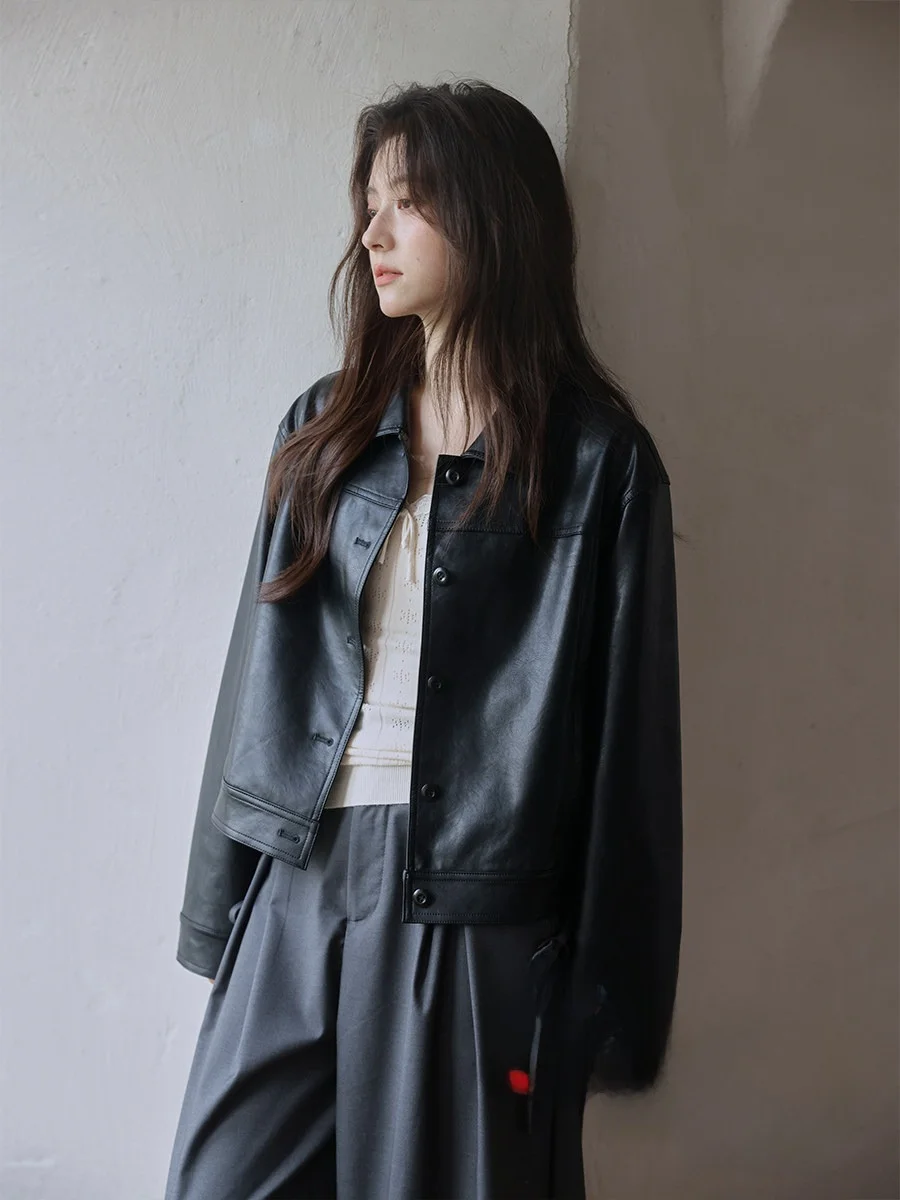 

Cool Korean Sle Bla Leather Jaet Unique Faionable Small Size Autumn Outerwear Youth Commute Sle Long Sve Co...