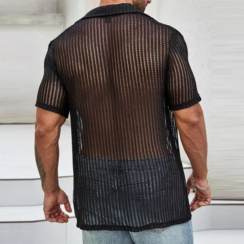 Sexy Hollow Out Breathable Knitted Shirt Men Summer Beach See Through Casual Shirts Mens Short Sleeve Button Solid Color Shirts