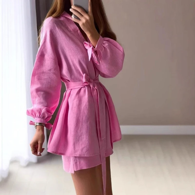 

European American Spring and Autumn New Lace-up Design Top Fashionable Casual Loose High-waisted Shorts Two-piece Set Exquisite