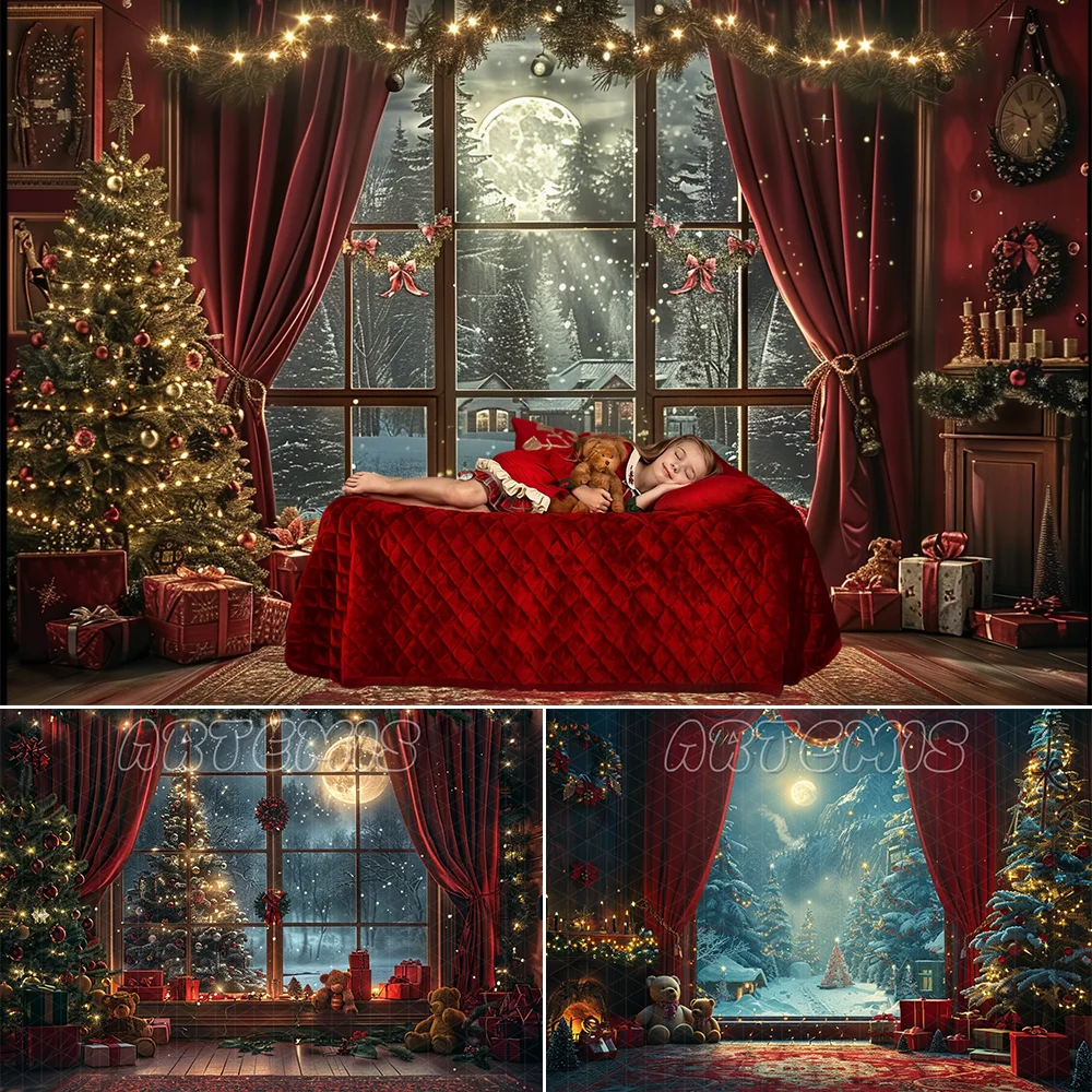 Christmas Background Garlands Presents Window Red Curtains Dark Night Sky Stars Moon Festive Decorations Photo Studio Photocall