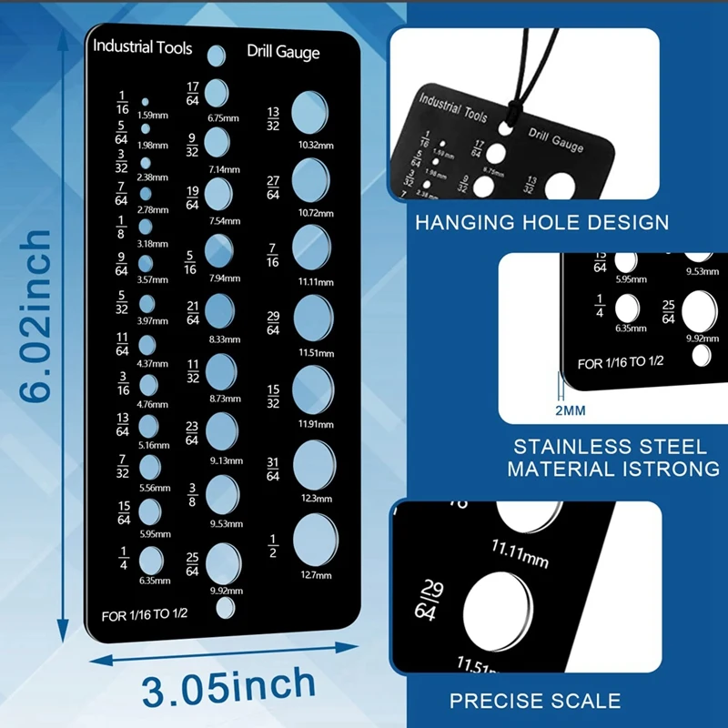 Medidor fracionário do tamanho da broca do calibre do bocado de broca, calibre métrico do bocado de broca de 29 furos para bocado de broca de 1/16 Polegada a 1/2 Polegada