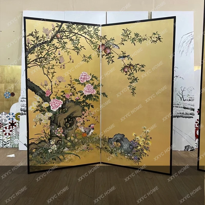 

Gold Foil Hand Painted Lacquer Painting Screen Living Room Bedroom Background Wall Room Divider Folding Screen