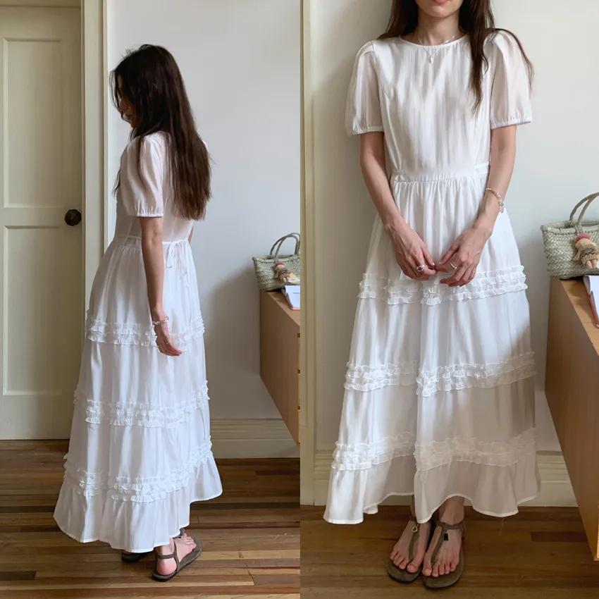 

White Princess Long Dress 2025 Slim Office Lady Loose High Waist Gentle puff Short Sleeve Daily Women Dresses Female (T2510