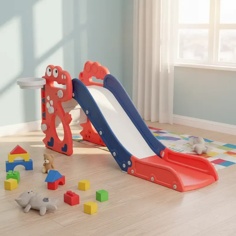 for Dinosaur Theme Children Slide Indoor Free Standing Playground with Basketball Hoop Safety Plastic Sliding Toys