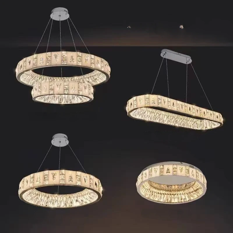 

Minimalist Multi-layered circular rings LED Crystal Chandelier lustre Rectangular Hardware Hanging Ceiling for Kitchen Island