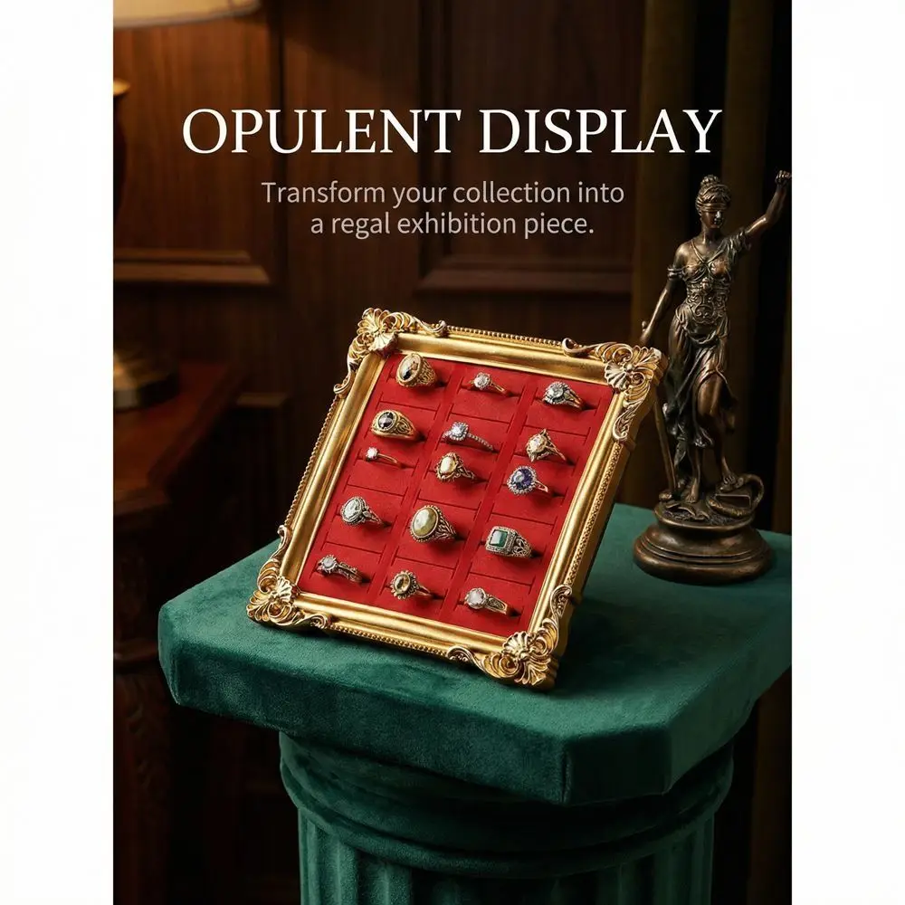 European-style Vintage Jewelry Display Rack Aesthetic Square Photo Frame Wooden Ring Display Gold Trinket Stand
