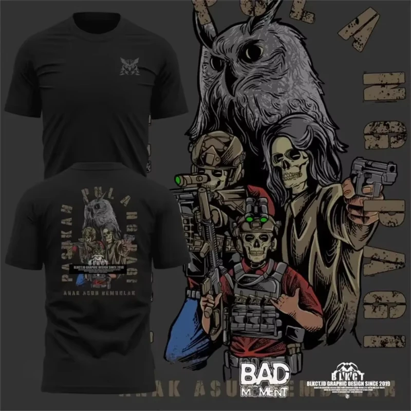 2026 New Tactical Family Matching Unisex Oversized T Shirt Tactical Skull Owl Cartoon Double Sided Print Black Streetwear Tops