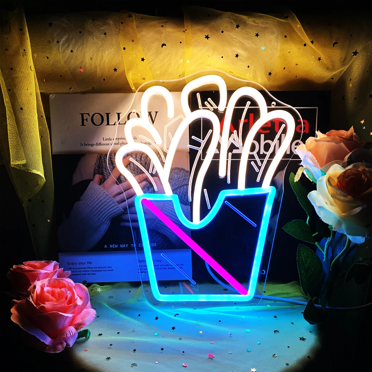 Imagem -03 - French Fries Neon Shape Sign Light Placa Base Acrílica Clara Interface Usb Decorativo Multiuso Luzes Led Montadas na Parede