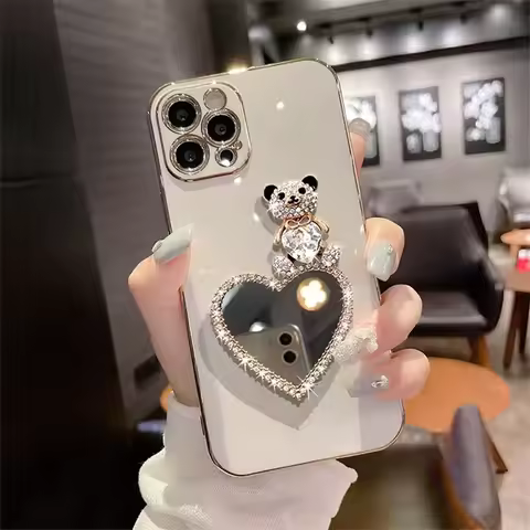 Laser Plating Bear Love Makeup Mirror Phone Case for Samsung GalaxyS25 S24 S22 Ultra S21 S20FE S10 S23Plus INS Back PC Soft Case