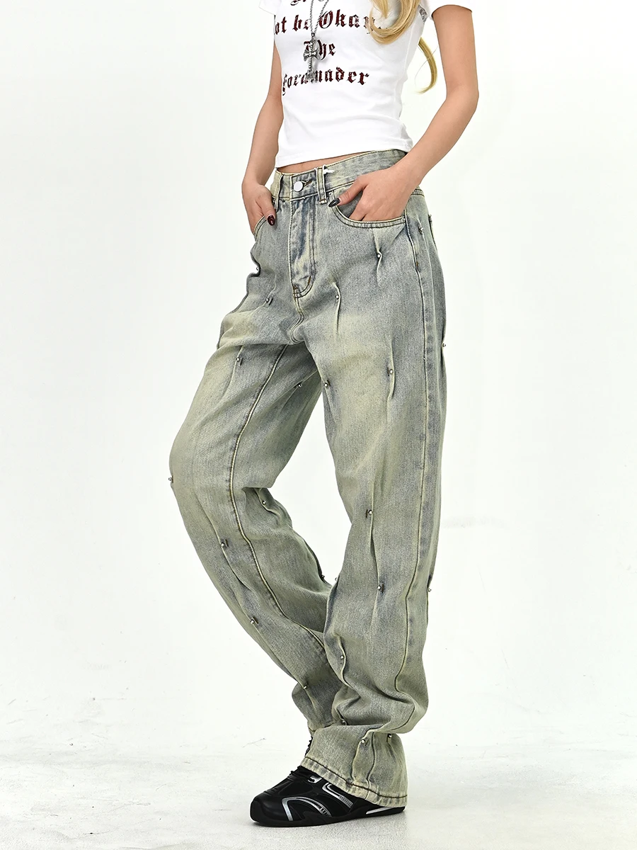 

Women's Loose BF American High Street Vintage Long Jeans Spring New Sle Fretful Bule Pleated Denim Pants Floor-Length