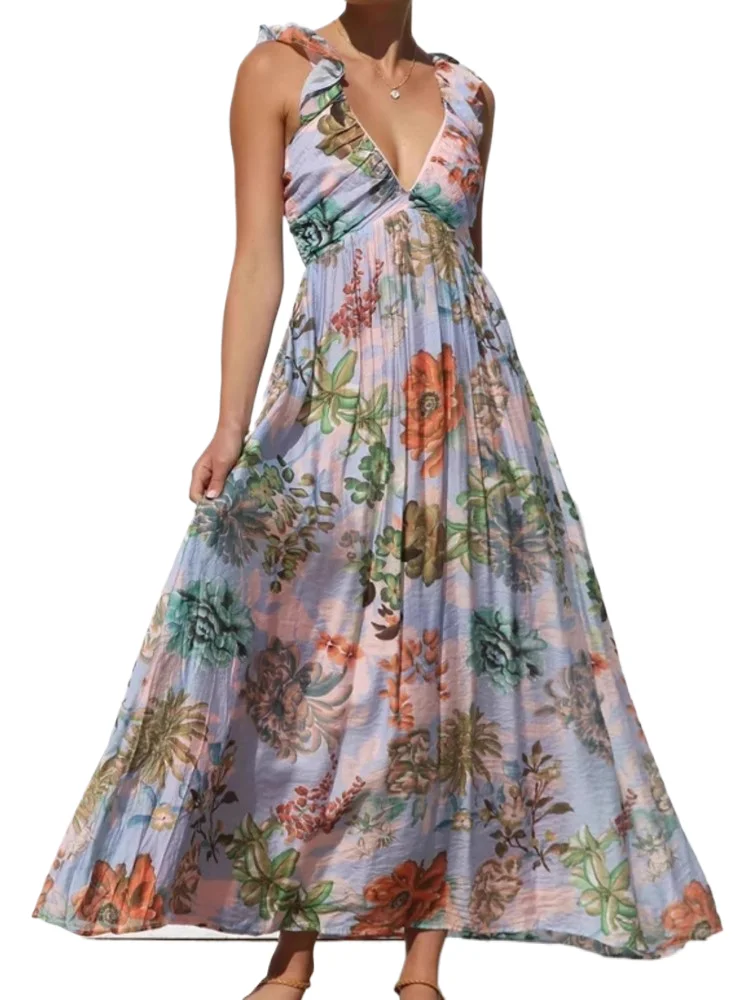 

Fashion Flower Print Long Dresses Women V-neck Backless A-line Sleeveless Dress 2025 Summer New Casual Beach Vacation Vestidos