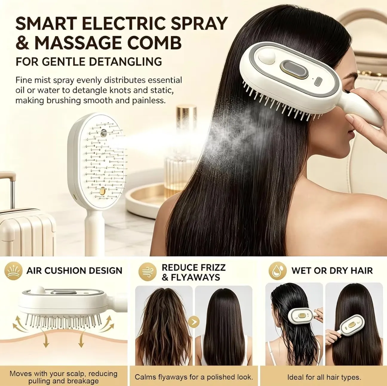 Wet Electrics Hairbrush with Water Spray Rechargeable Steams Hair Straightener USB-C Charging for Both Long & Short Hairs