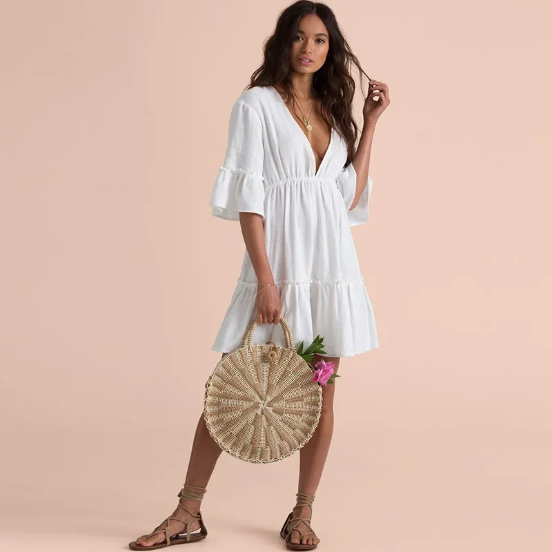 Women's Swimsuit Beach Bikini Cover Up Woman White Dress V Neck Summer Ruffle Skirt Tunics for The Beach Outing Kaftan