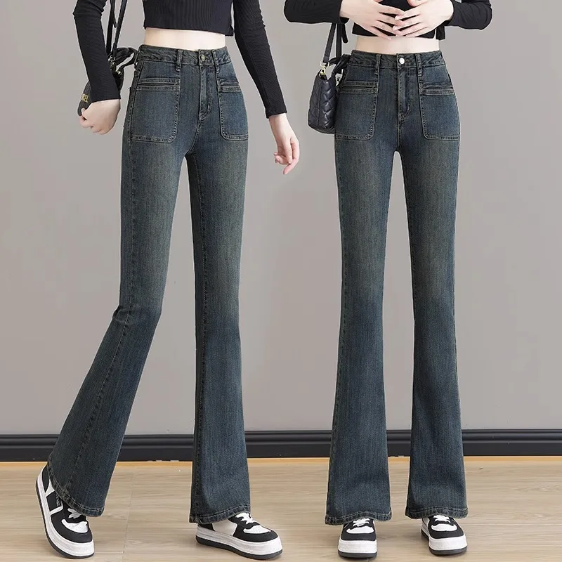 

High Waist Bell Bot Jeans Women's Autumn Winter New Sle Slimming Long Pants Deep Color Hoof aped Flared Trousers