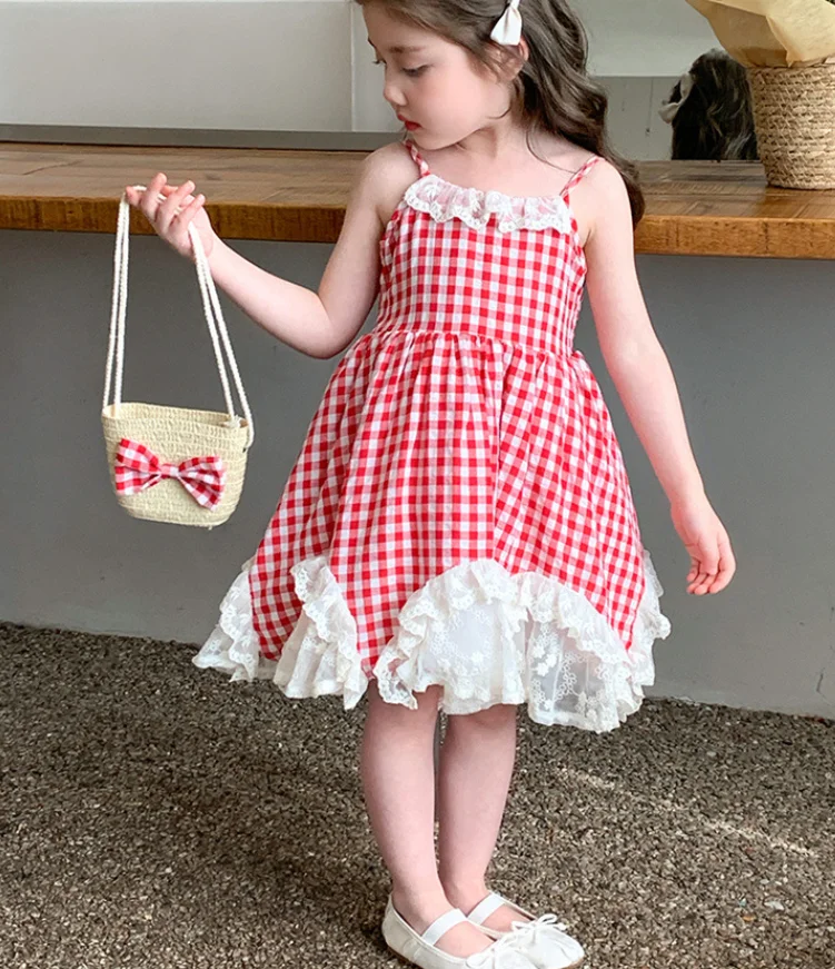 

New Baby Summer Girls Boutique Red Plaids Sling Dress, Princess Kids Fashion Party Dresses 2-7 T