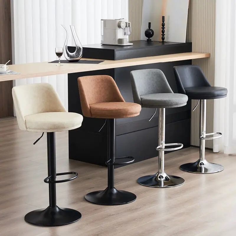 Modern minimalist light luxury metal bar stool with rotating lifting backrest, round base, suitable for commercial use