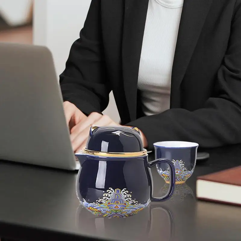 Ceramic Tea Pot Set Portable Teapot Set Lucky Cat Ceramic Tea Cup Set Shockproof Tea Set Porcelain Tea Cups With Tea Strainer