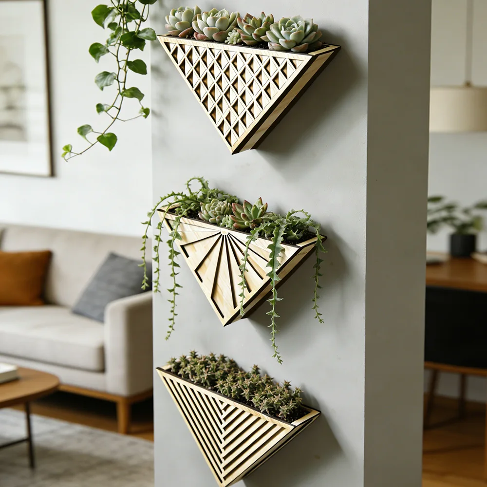 Creativity Wooden Triangle Flower Pot Wall Flower Arrangement Shelf Flowerpot Craft Home Decoration Garden Supplies