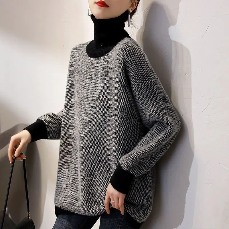 

Turtleneck Female Sweater Pullover 2024 Autumn Winter Thicken Loose Long Sleeve Korean Lazy Wind Tender Panelled Bottom Tops