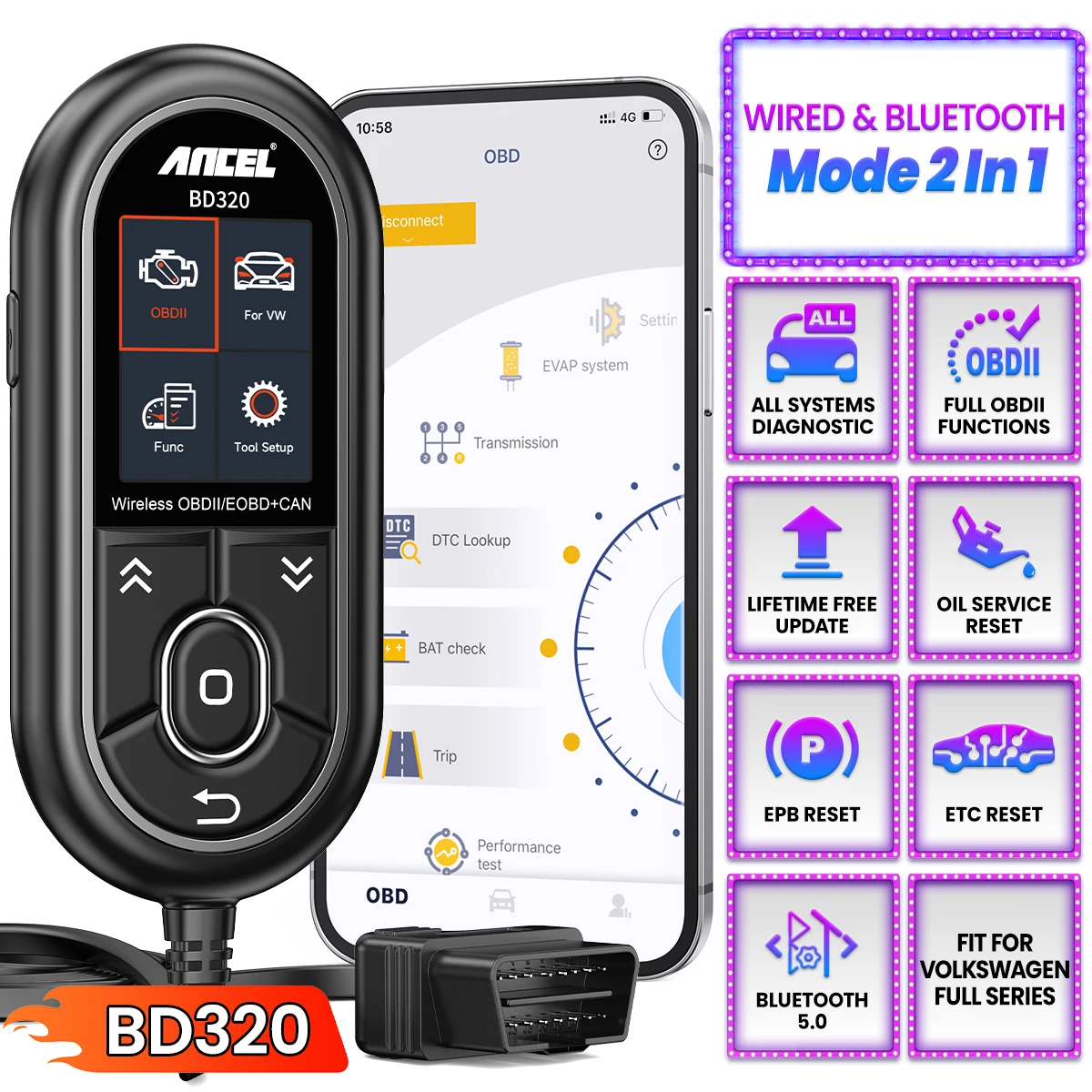 

Инструмент диагностики сканера системы ANCEL BD320 OBD2 AIl с Bluetooth EPB/дроссельной заслонкой/масляной заслонкой для VW Audi Skoda Seat 3 в 1, тестерные инструменты