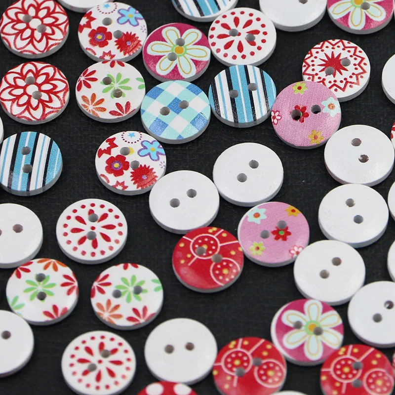 (100 pieces/pack) 1.5cm 2-hole painted printed buttons mixed wood craft round clothes pants Sewing accessories Handmade DIY