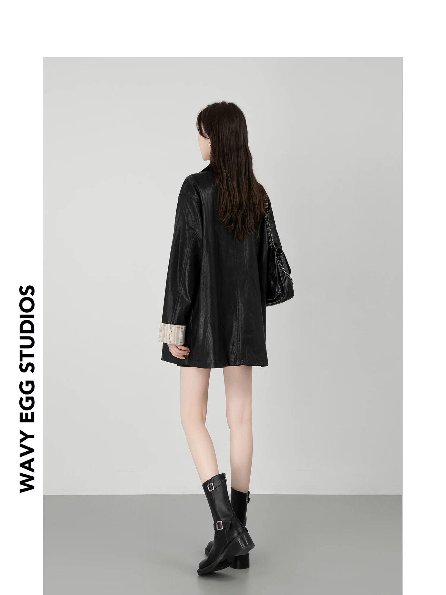 ウェーブイーグウェーブエッグ レディース ロングジャケット ブラ スプライシングレザーコート スリ 通勤 スレ 秋 ファッション アウターウェア