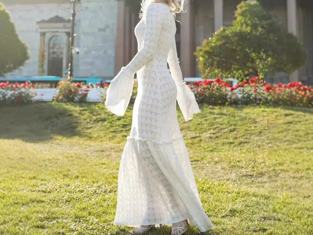 

2025 Retro Dress Long Skirt Sexy Hollow Splicing Lotus Leaf Edge Perspective Knitted Skirt