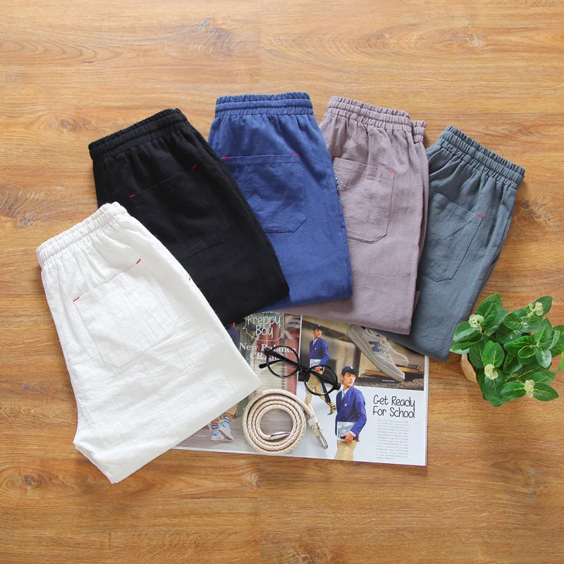 Summer New Casual Cotton Beach Korean Version Solid Color Linen Pants Slim Fit Trendy Shorts Men's