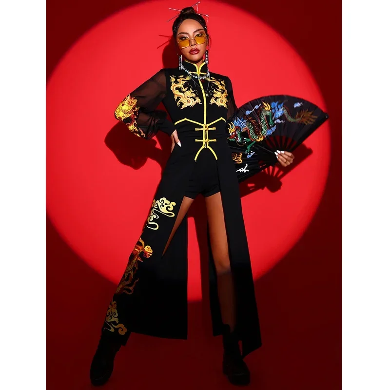 النمط الصيني الهذيان الزي الهيب هوب ملابس النساء جوجو راقصة زي أسود الجاز Dancewear المرحلة زي الحفل Outifts DL8718