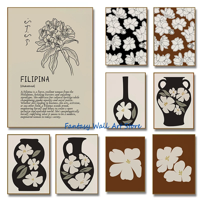 Sampaguita fleur Vase ligne Art moderne abstrait philippin Sampaguita botanique affiche toile peinture mur photos décor à la maison