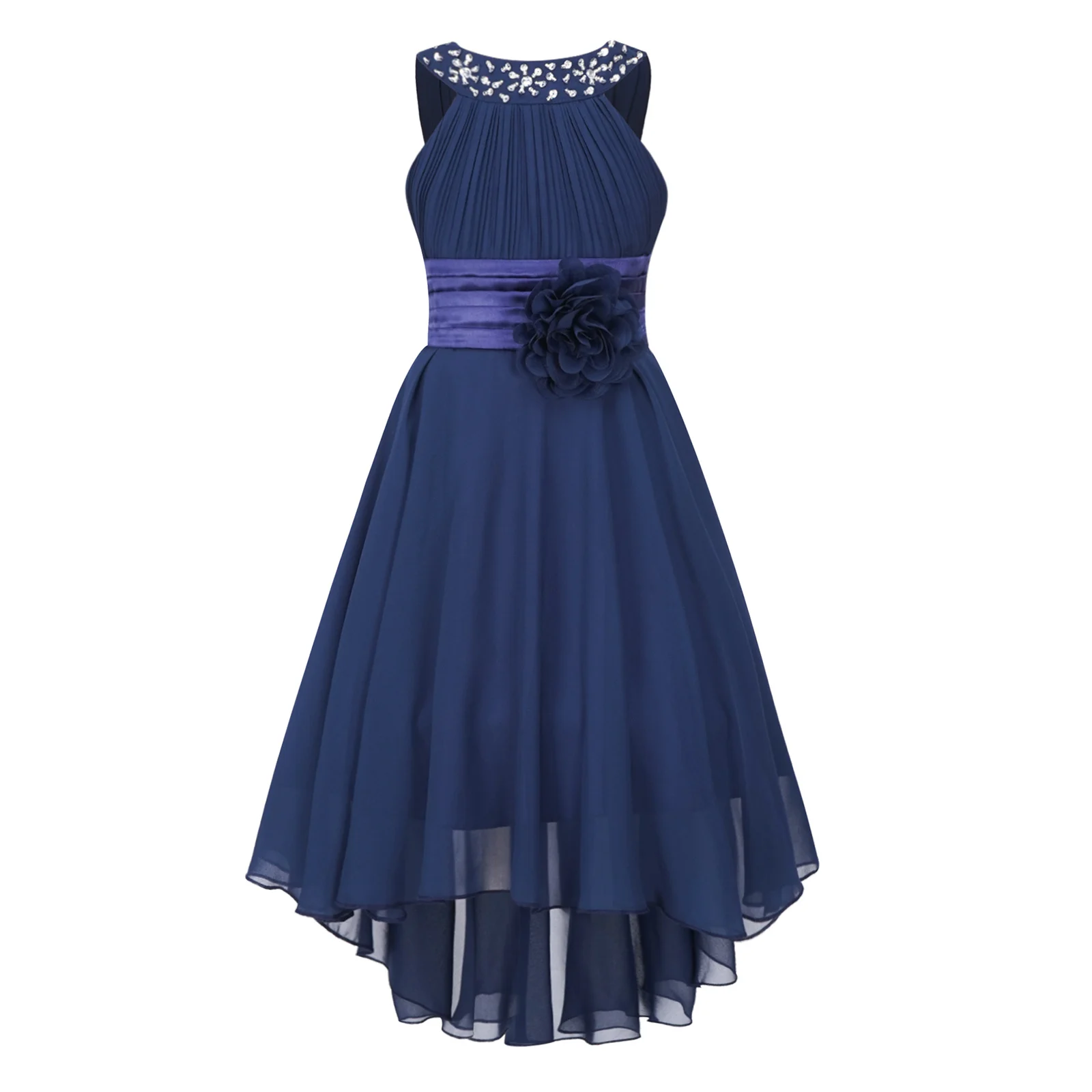 Blumen mädchen Kleid glänzend Hi-Lo Ballkleid elegantes Mädchen Chiffon Kleid ärmellose heilige Kommunion Kleider Kinder Hochzeit Party Kleid