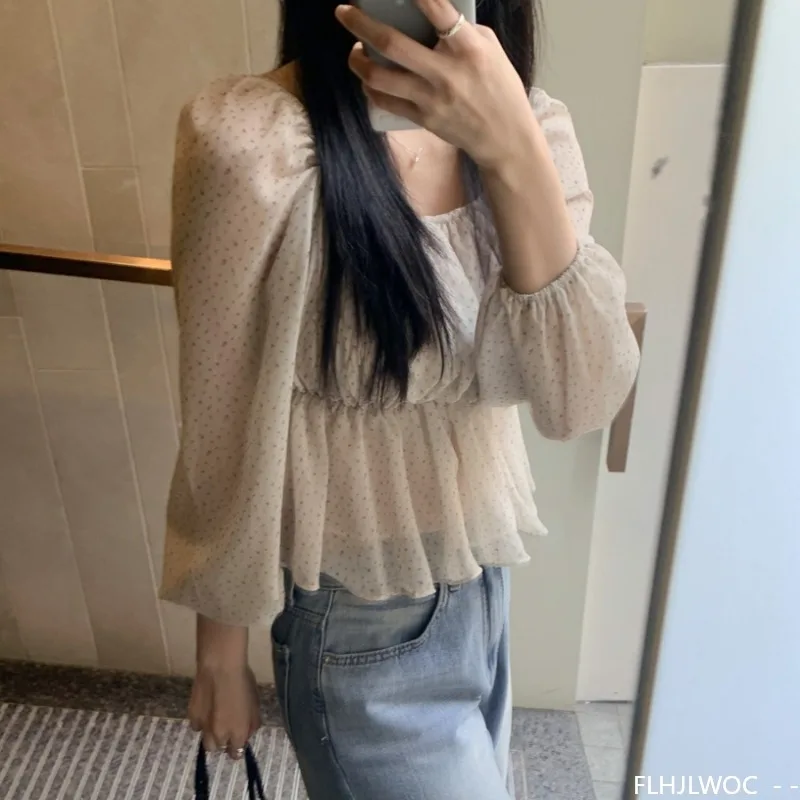 Manches courtes bouffantes hauts Blouses 2025 femmes Chic Style coréen fleur imprimé mignon doux japon filles à manches longues rétro Peplum Blouses